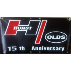 Hurst Olds 15th Anniversary premium 13 oz vinyl banner, black with red, black and silver lettering 2 FT x 4 FT
